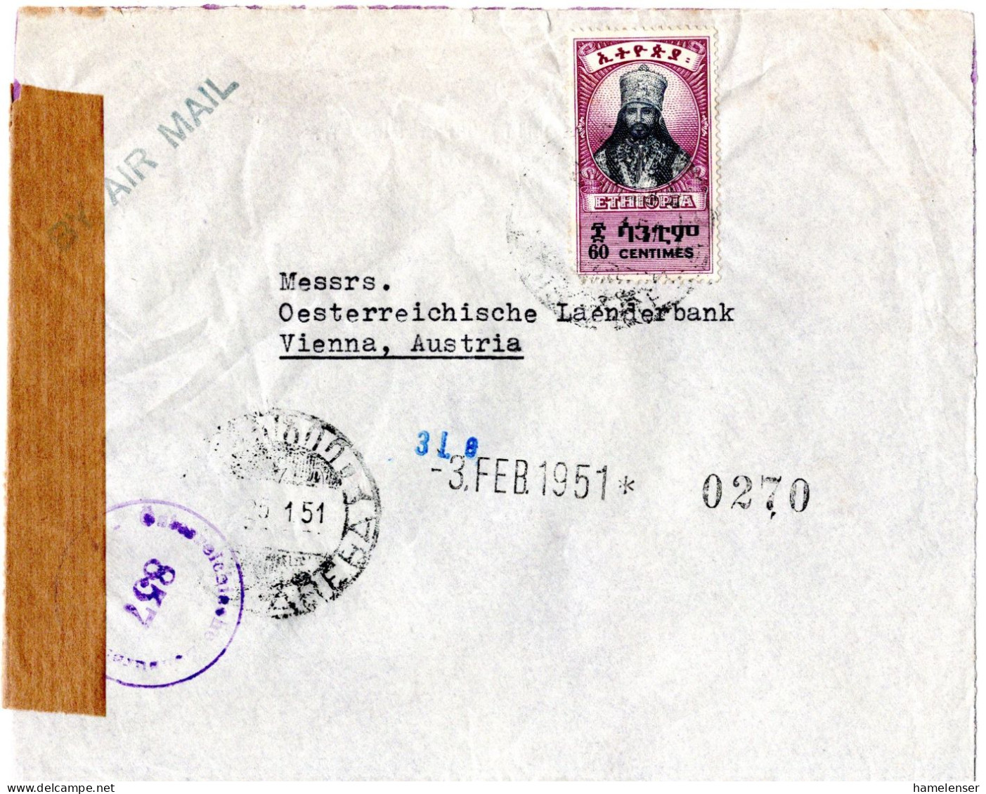77480 - Äthiopien - 1951 - 60c Kaiser EF A Zens LpBf (dreiseit Geoeffn) ADDIS ABEBA -> Österreich - Ethiopia