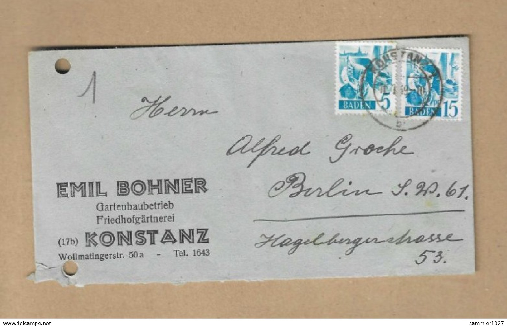 Los Vom 19.04 - Heimatbeleg Aus Konstanz 1949 - Bade