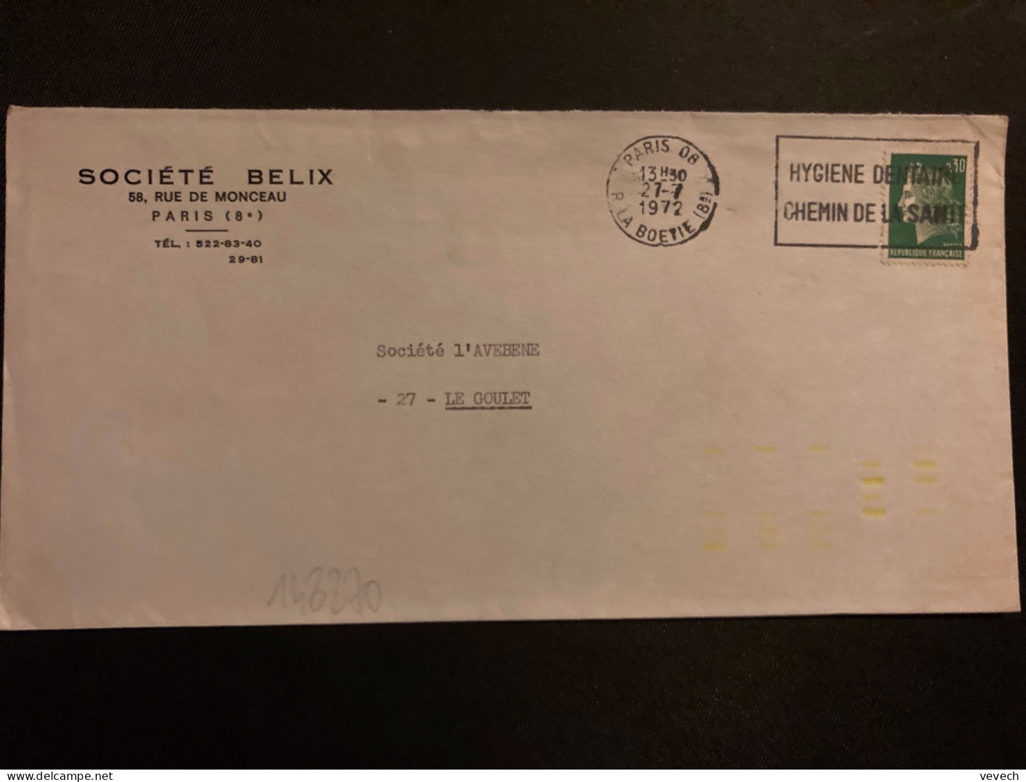 LETTRE BELIX TP M DE CHEFFER 0,30 OBL.MEC.27-7 1972 PARIS 08 + TRI INDEXATION BARRES JAUNES Pas De Marque à Sec - Autres & Non Classés