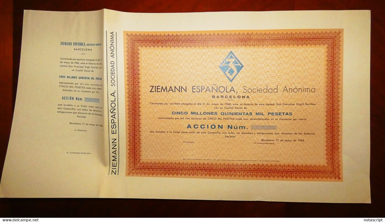 Ziemann Española SA, Barcelona 1960, Share Certificate - Industrie