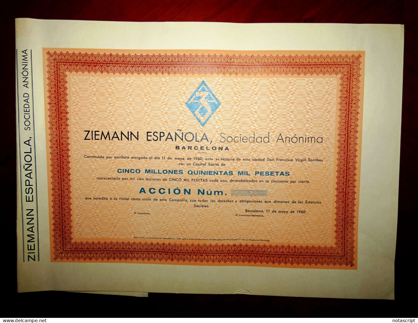 Ziemann Española SA, Barcelona 1960, Share Certificate - Industry