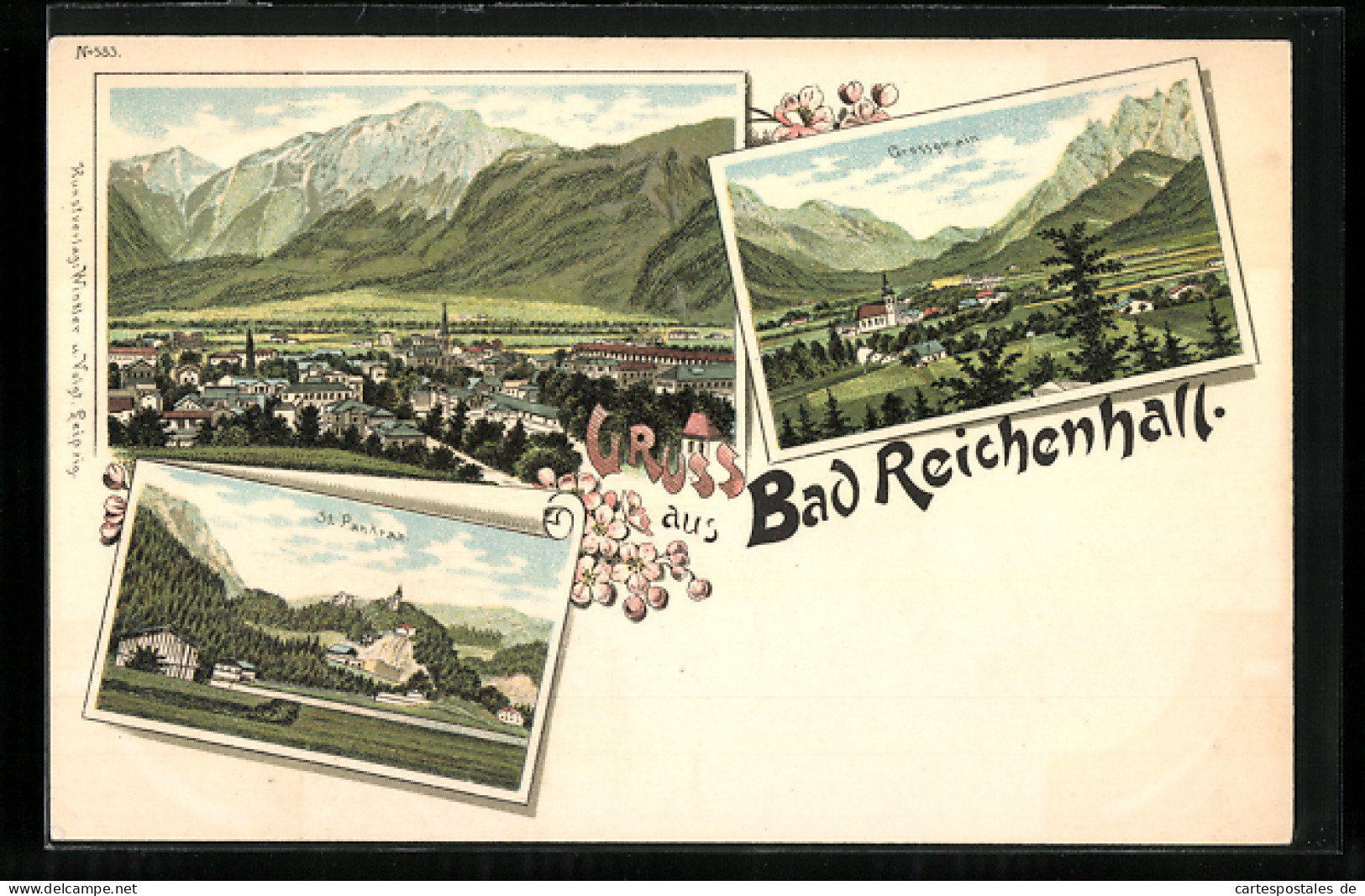 Lithographie Bad Reichenhall, Teilansicht, Grossgmain, St. Pankraz  - Bad Reichenhall