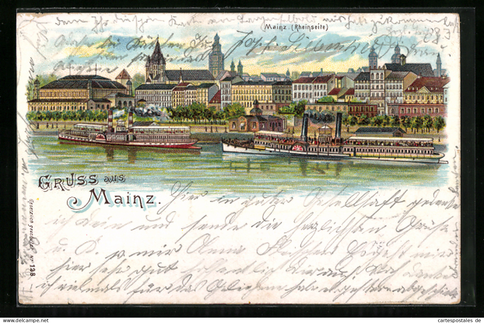 Lithographie Mainz, Ortsansicht Mit Dampfer  - Mainz