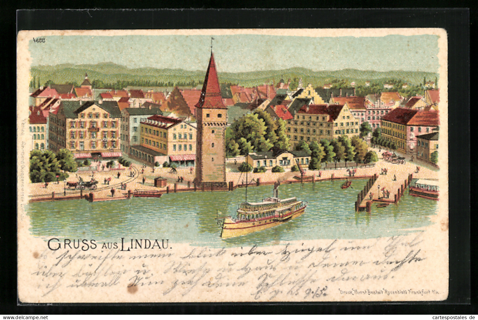 Lithographie Lindau A. Bodensee, Ortspartie Am Hafen, Dampfer  - Lindau A. Bodensee