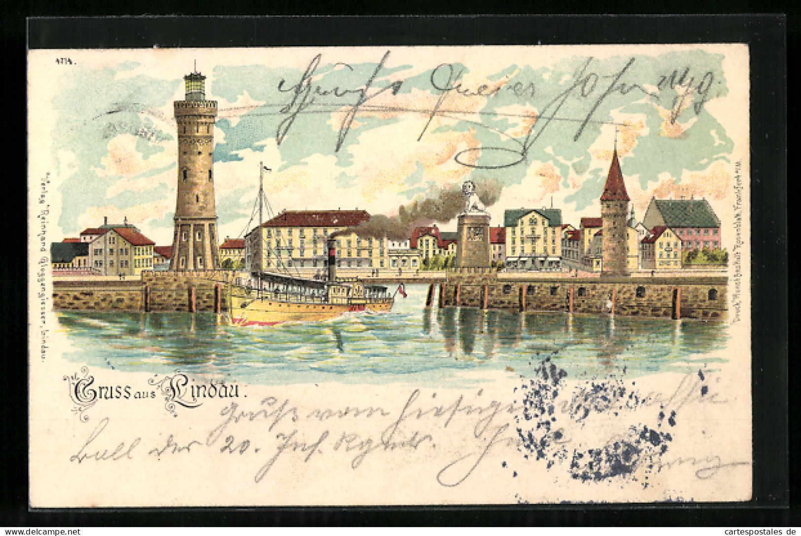 Lithographie Lindau, Hafen Mit Leuchtturm Und Raddampfer  - Lindau A. Bodensee