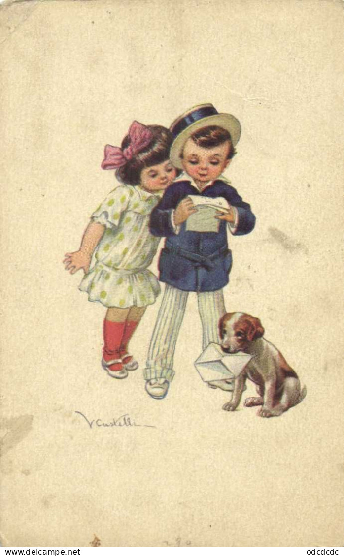 Illustrateur Castelli Enfants Lisant Une Lettre Petit Chien Tenant L'enveloppe RV - Scene & Paesaggi