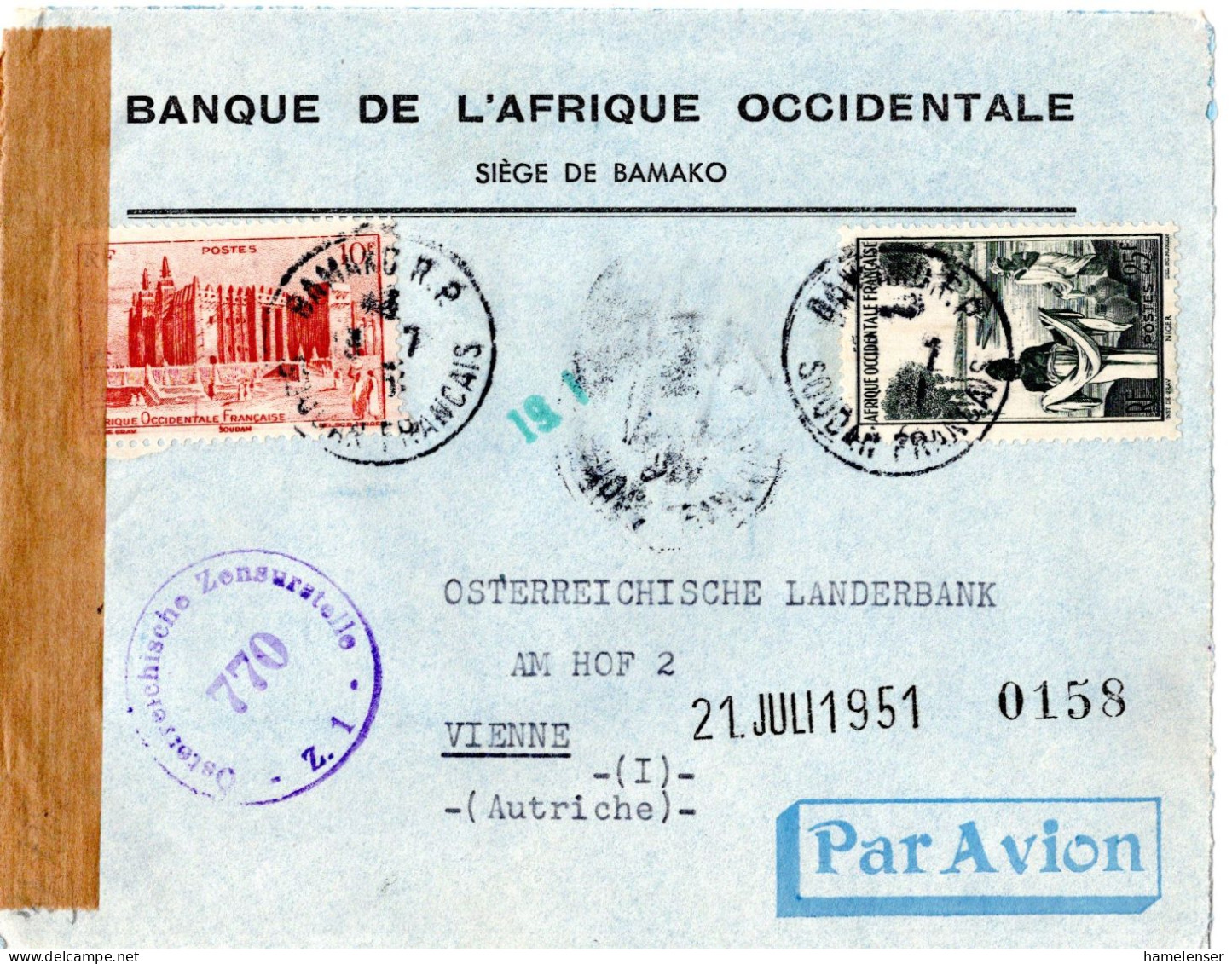 77485 - Frz. Westafrika - 1951 - 25F Frauen MiF A Zens LpBf (dreiseit Geoeffn) BAMAKO -> Österreich - Covers & Documents