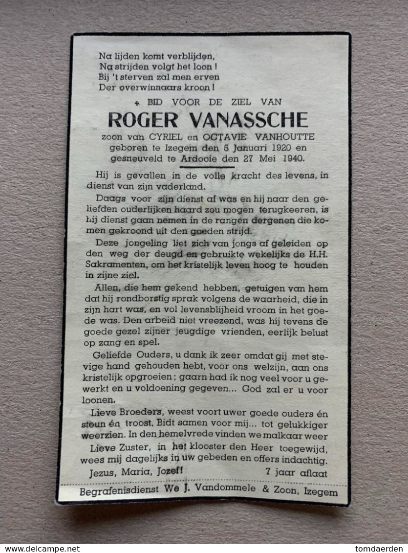 BP Roger Vanassche Izegem Ardooie Mei 1940 18 Daagse Veldtocht 13de Artillerie Oorlogslachtoffer WO2 WWII 40-45 - Devotieprenten