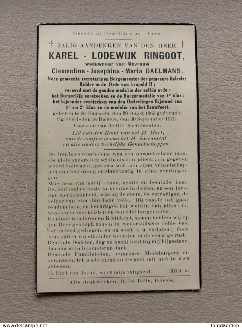 BP Karel Ringoot 1869 Burgemeester Gemeente Secretaris Belsele Belcele St-Pauwels 1940 WO2 WWII 40-45 - Imágenes Religiosas