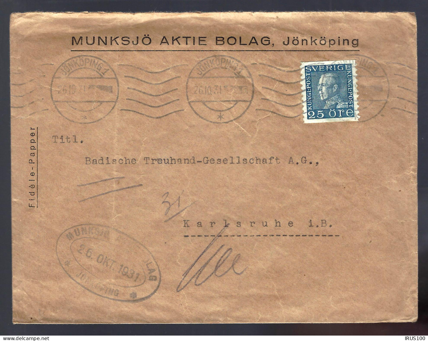 SUÈDE - 1931 - JÖNKÖPING 1 - POUR L'ALLEMAGNE - Cartas & Documentos