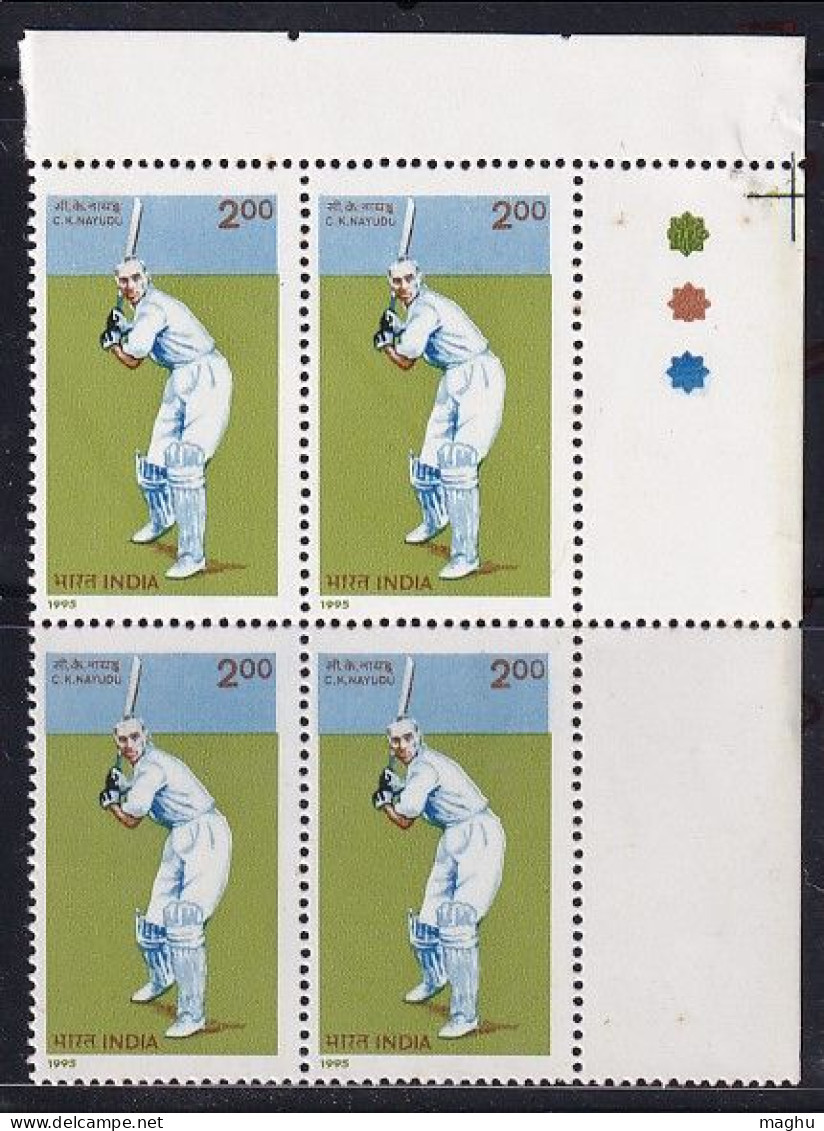 Traffic Corner Block, India MNH 1996, Set Of 4, Cricketers, Cricket, C K Naidu - Blocks & Kleinbögen