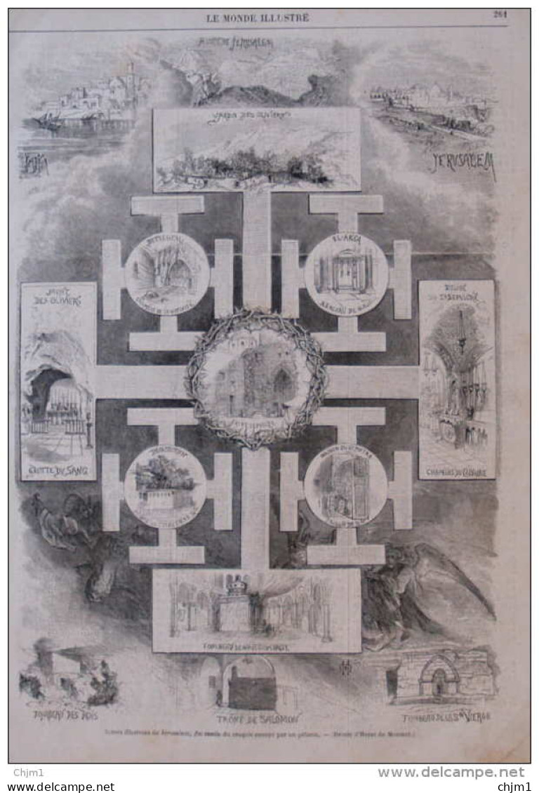 Route De Jerusalem - Trône De Salomon - Tombeau Des Rois - Grotte Du Sang - Jardin Des Oliviers -  Page Original 1870 - Documents Historiques