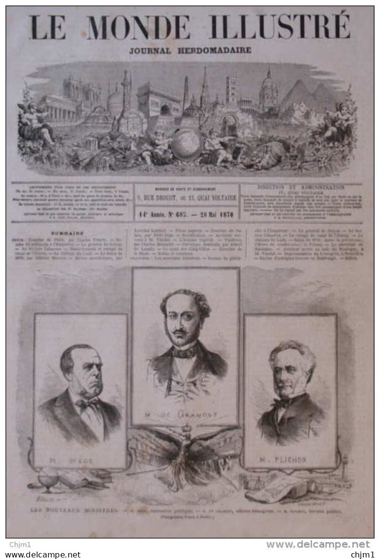 Les Nouveaux Ministres - M. Mége, Instruction Publique - M. De Gramont - M. Plichon- Page Original 1870 - Documents Historiques