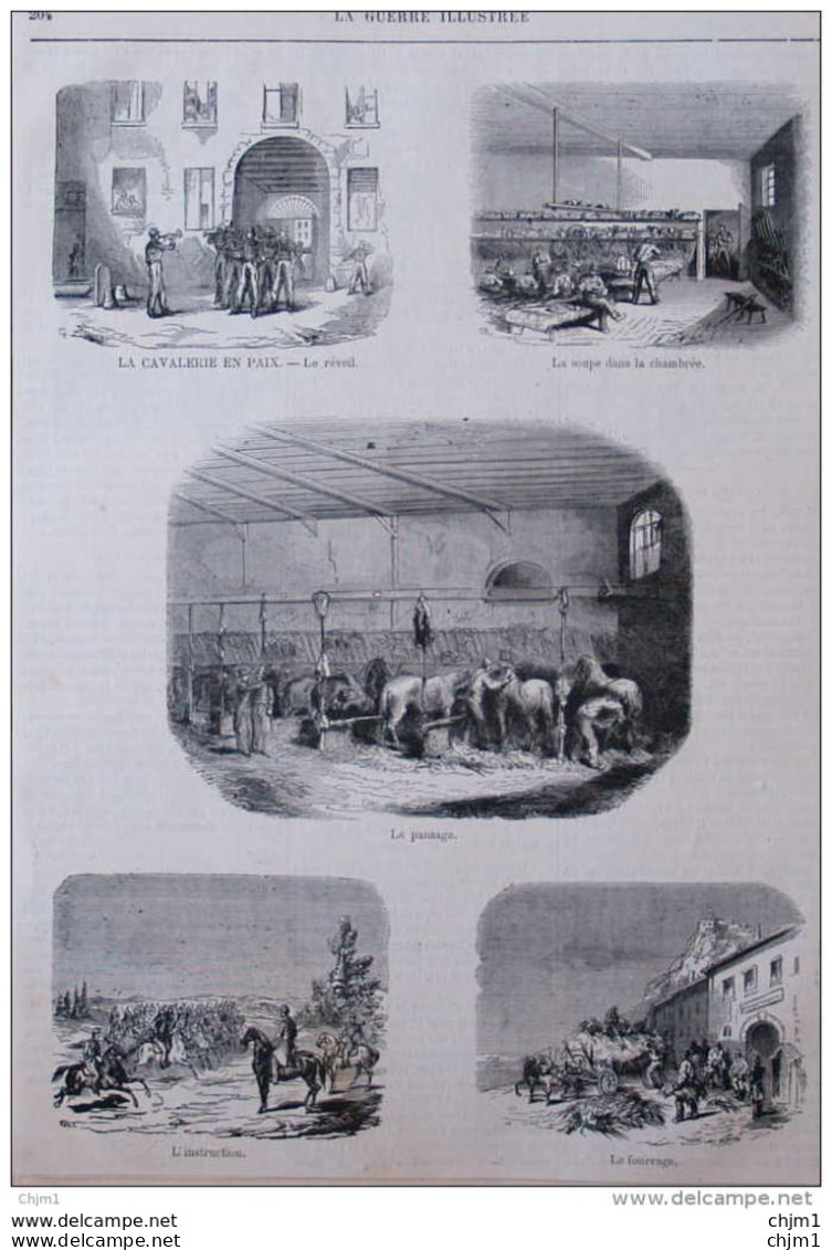 La Cavalerie En Paix - Le Réveil - Le Pansage - Le Fourrage - Page Original - 1870 - Documents Historiques