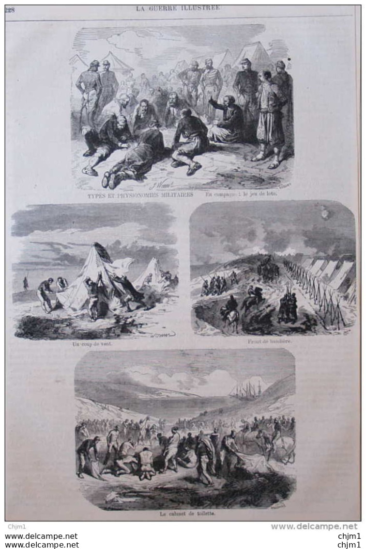 Types Et Physionomies Militaires - Le Jeu De Loto - Un Coup De Vent - Le Cabinet De Toilette - Page Original - 1870 - Documents Historiques