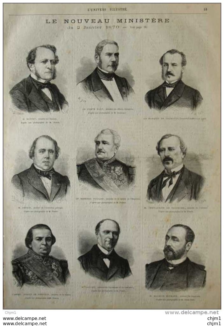 Le Nouveau Ministère - M. Louvet - M. Richard - L'amiral Rigault De Grenouilly - Comte Daru -  Page Original 1870 - Historical Documents