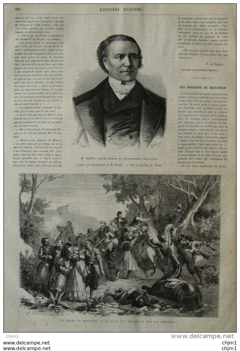 Le Drame De Marathon, Attaque Des Voyageurs Par Les Brigands - M. Marie -  Page Original 1870 - Historical Documents