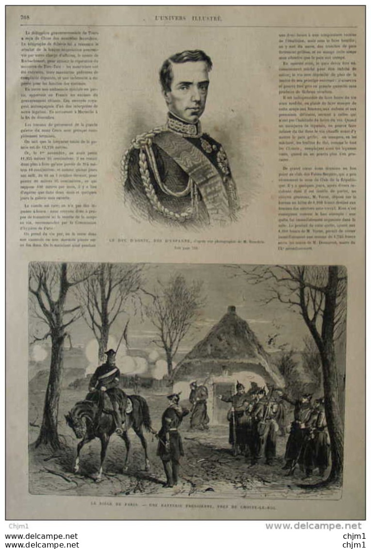 Le Duc D'Aoste, Roi D'Espagne - Le Siége De Paris, Une Batterie Prussienne Près De Choisy-le-Roi -  Page Original 1870 - Historical Documents