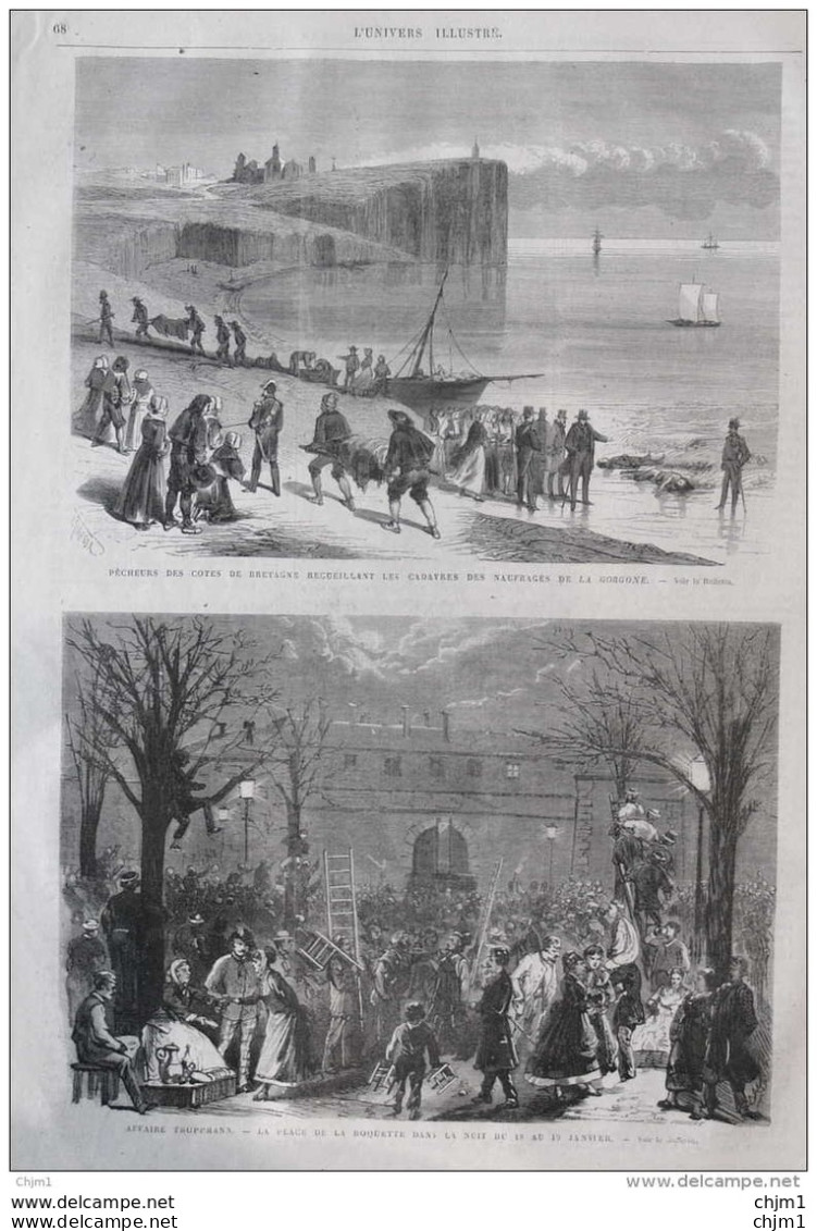 Pêcheurs Des Côtes De Bretagne Recuillant Les Cadavres Des Naufrages De La GORGONE - Page Original 1870 - Historical Documents