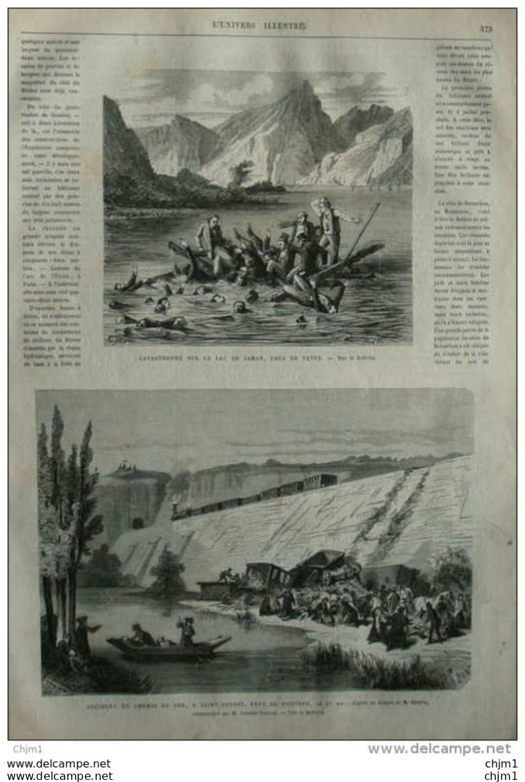 Catastrophe Sur Le Lac De Jaman, Près De Vevey - Accident Du Chemin De Fer à Saint-Benoit -  Page Original 1870 - Historical Documents