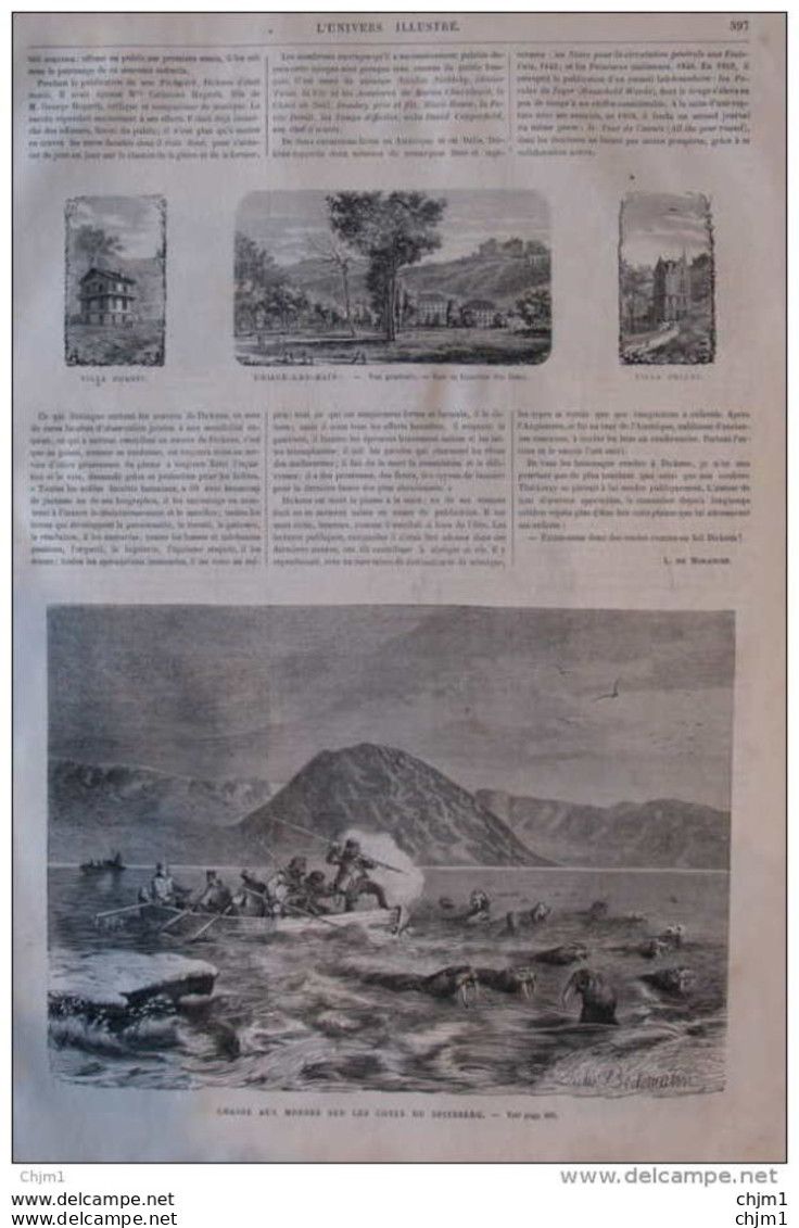 Chasse Aux Morses Sur Les Côtes Du Spitzberg - Uriage-les-Bains, Vue Générale -  Page Original 1870 - Historische Dokumente