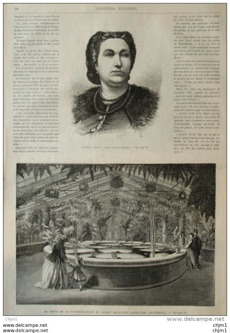 Giulia Grisi - La Serre De La Victoria-Regia Au Jardin Botanique D'Adélaide (Australie)-  Page Original 1870 - Historische Dokumente