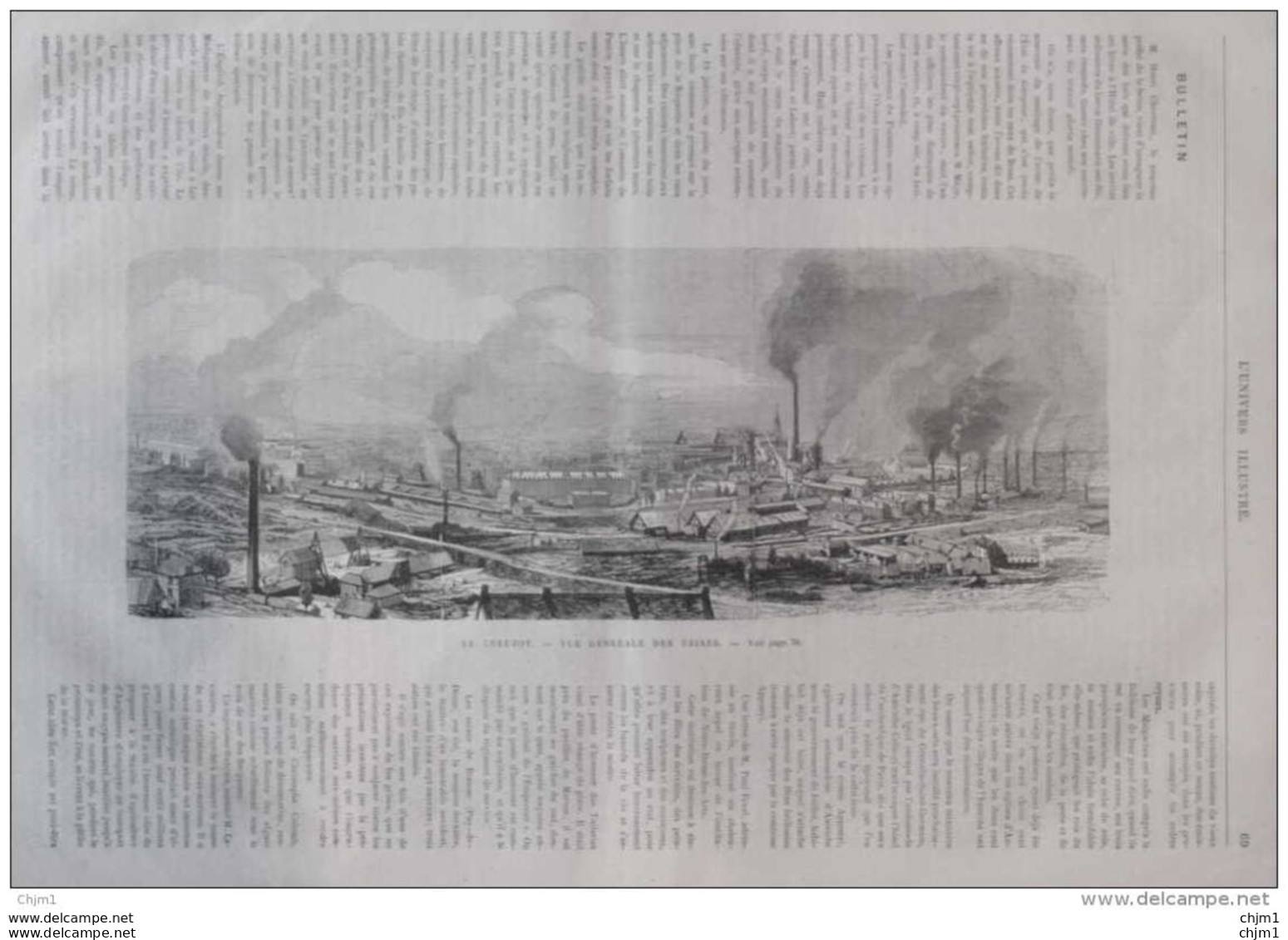 Le Creuzot - Vue Générale Des Usines -  Page Original 1870 - Historische Dokumente
