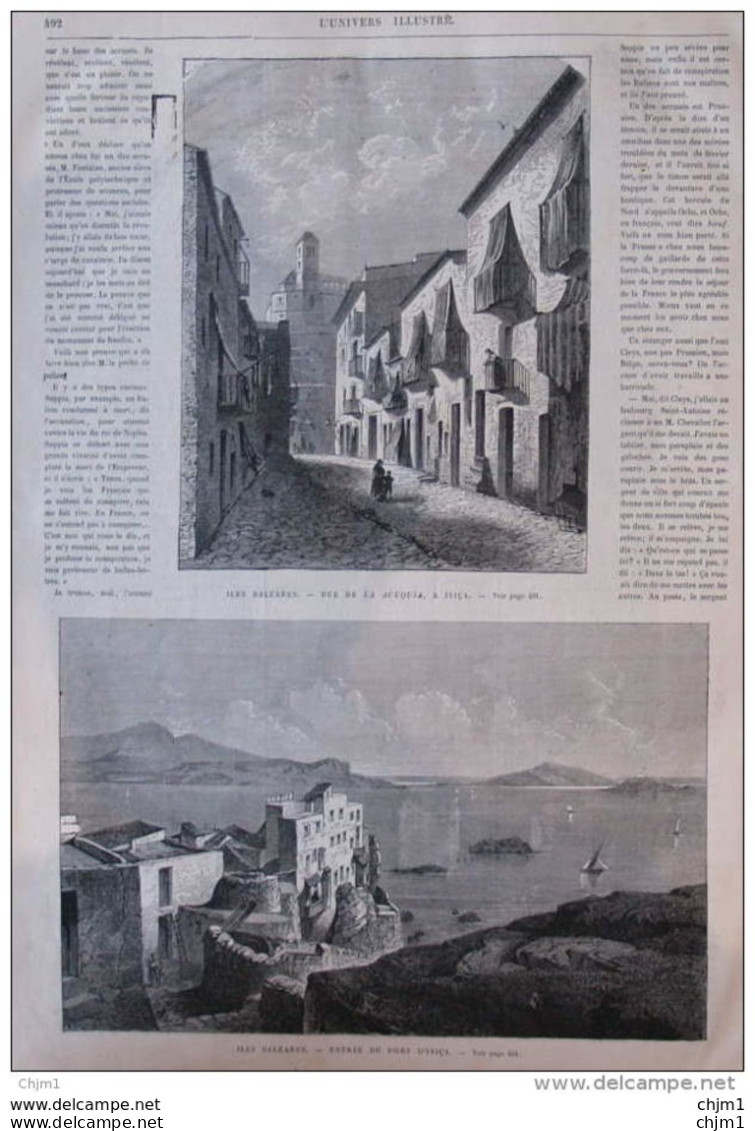 Iles Baléares , Entrée Du Port D'Ivica - Rue De La Acequia à Ivica - Page Original 1870 - Historical Documents