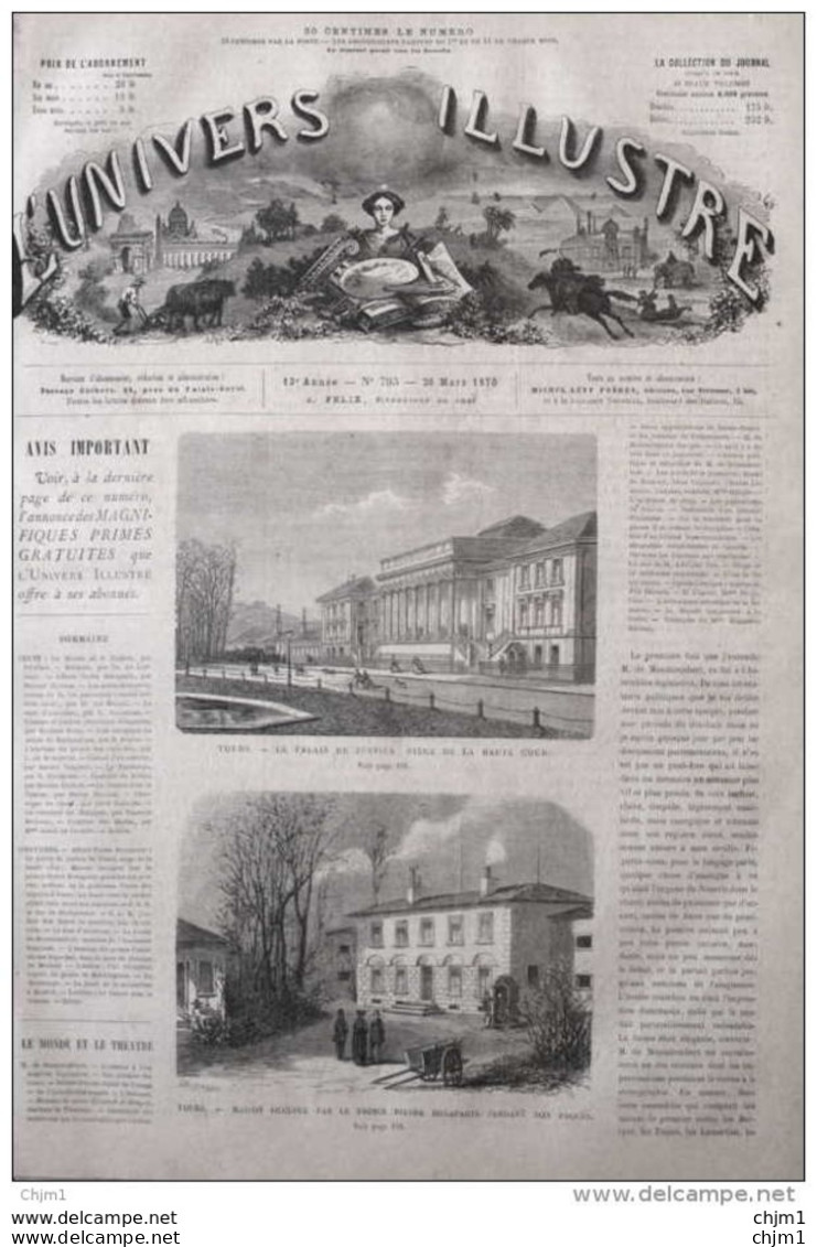 Tours, Le Palais De Justice - Tours, Maison Occupée Par Le Prince Pierre Bonaparte - Page Original 1870 - Historische Dokumente