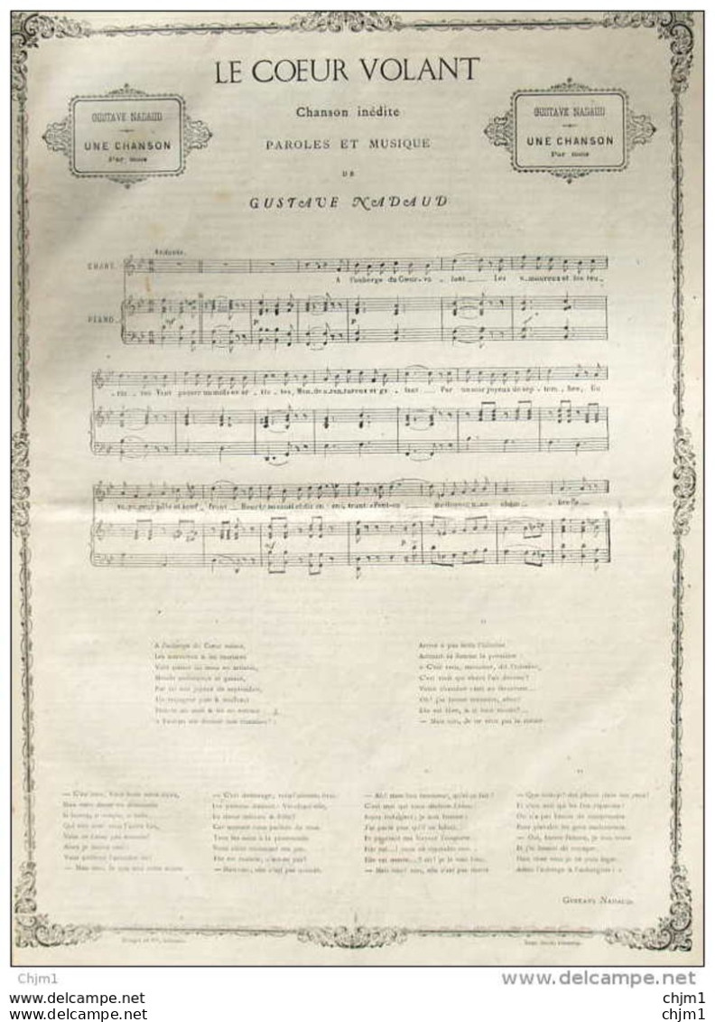 LE COEUR VOLANT - Chanson Inédite -  Paroles Et Musique De Gustave Nadaud - Page Original 1870 - Documentos Históricos