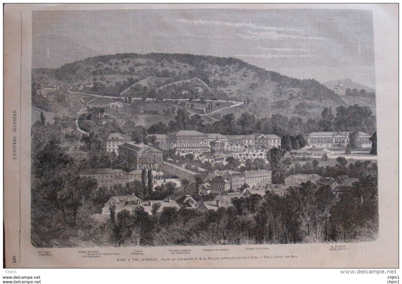 Bade (Baden) Au Vol D'oiseau - Villa Tigler, Fremersberg - Villa Dupressoir - Trinkhalle - Page Original 1870 - Historische Dokumente