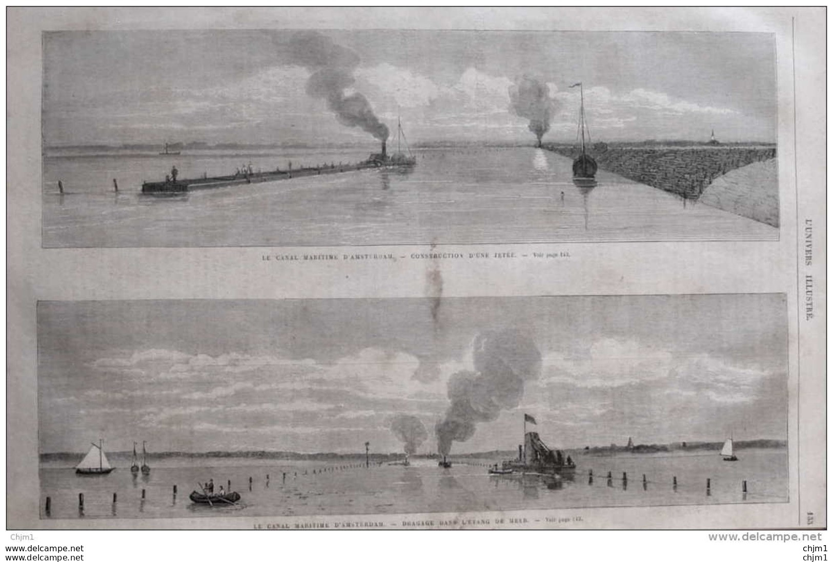 Le Canal Maritime D'Amsterdam - Dragage Dans L'étang De Meer - Page Original 1870 - Historische Dokumente