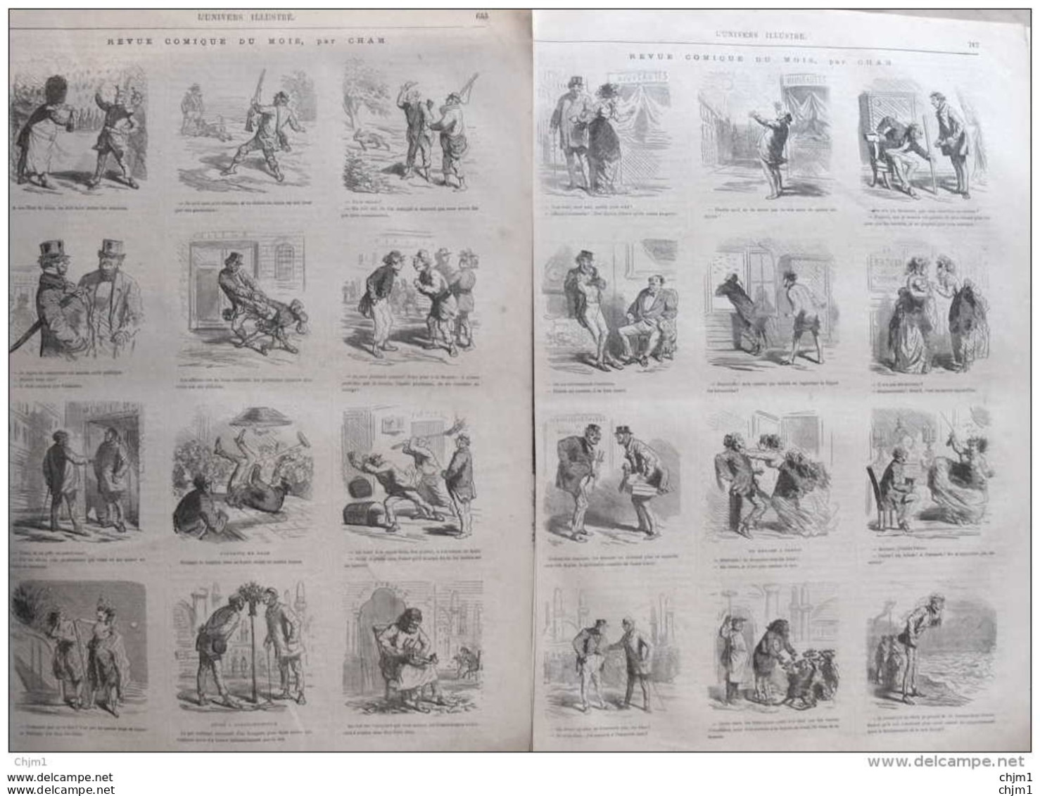 Revue Comique Du Mois, Par Cham - Souvenir De Bade - Un Ménage à Pantin - Page Original Double 1870 - Historische Dokumente