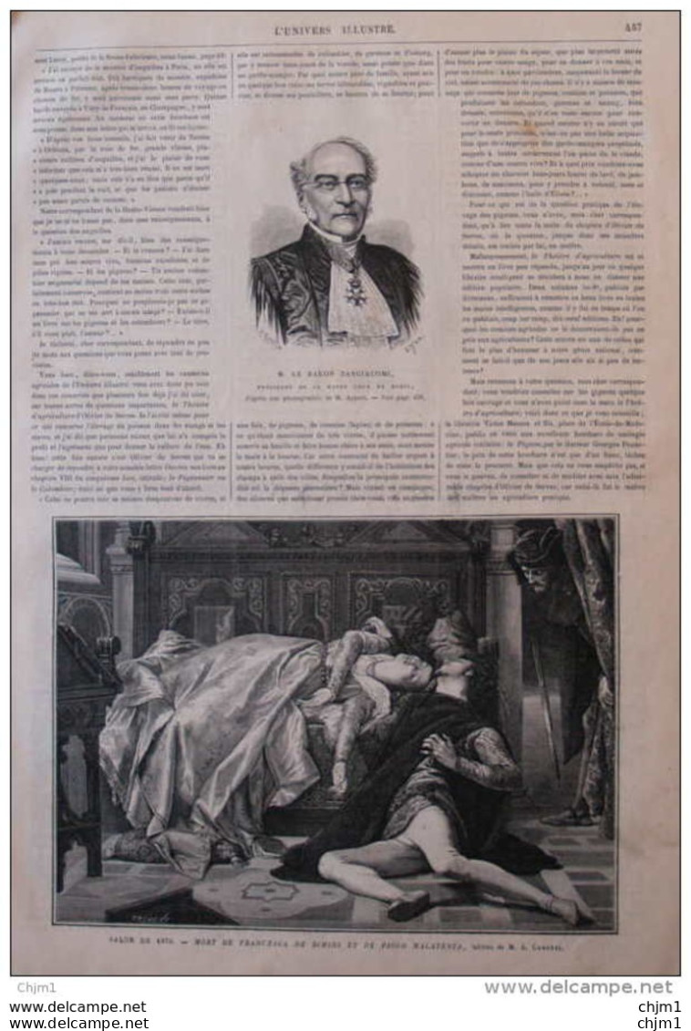 M. Le Baron Zangiacomi - Mort De Francesca De Rimini Et De Paolo Malatesta - Page Original 1870 - Documentos Históricos