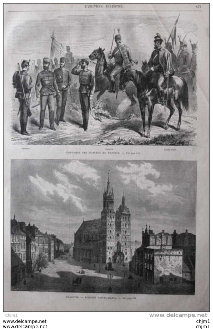 Cracovie (Krakau), L'église Sainte-Marie - Uniformes Des Honveds De Hongrie - Infanterie - Hussards - Page Original 1870 - Historische Dokumente