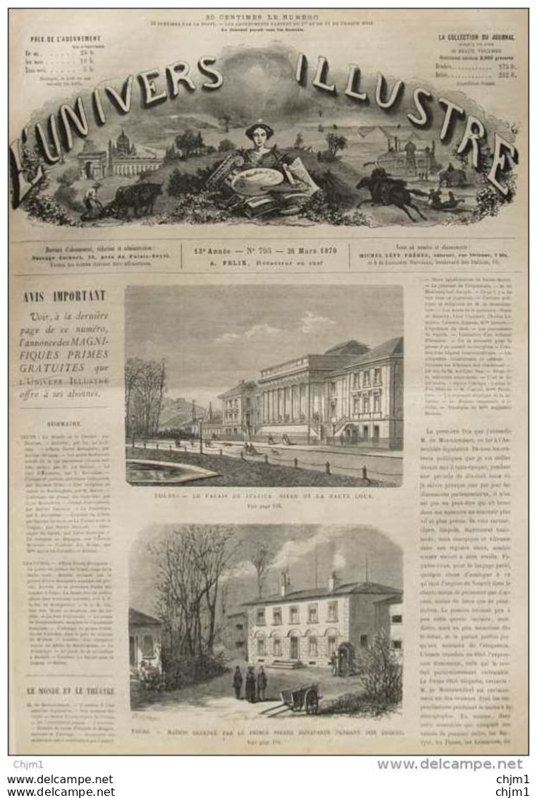 Tours - Le Palais Du Justice - Tours, Maison Occupée Par Le Prince Bonaparte Pendant Son Procès - Page Original 1870 - Documentos Históricos