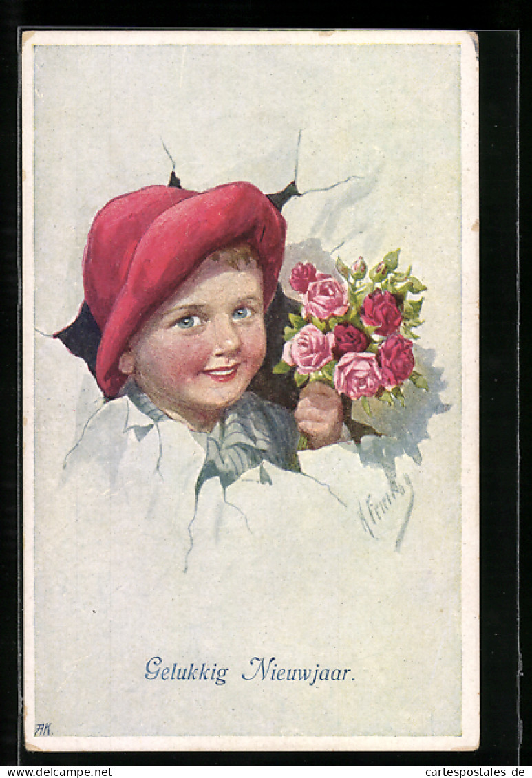 Künstler-AK Karl Feiertag: Kind Mit Rotem Hut Und Blumenstrauss  - Feiertag, Karl