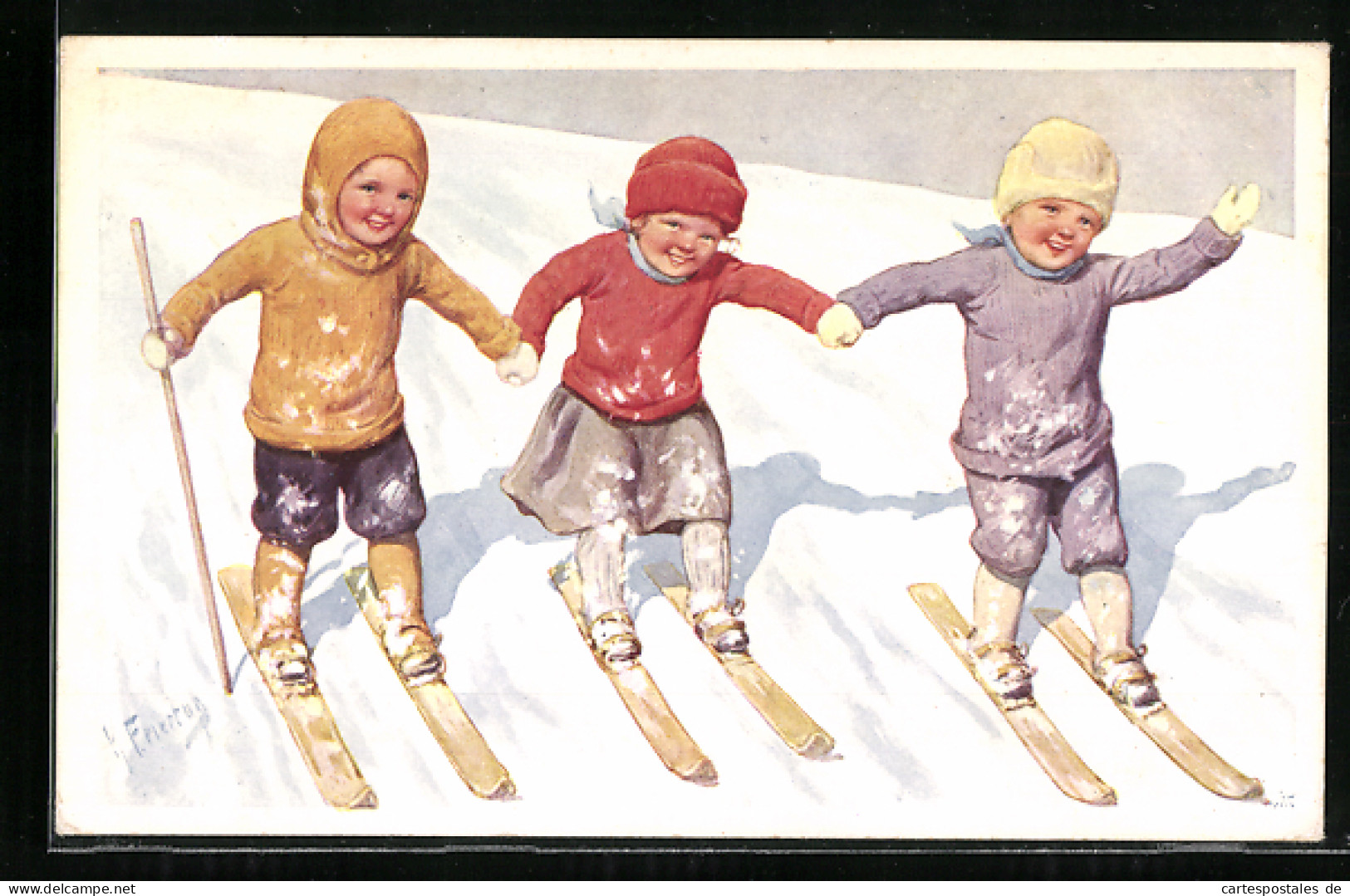 Künstler-AK Karl Feiertag: Drei Kinder Fahren Ski  - Feiertag, Karl