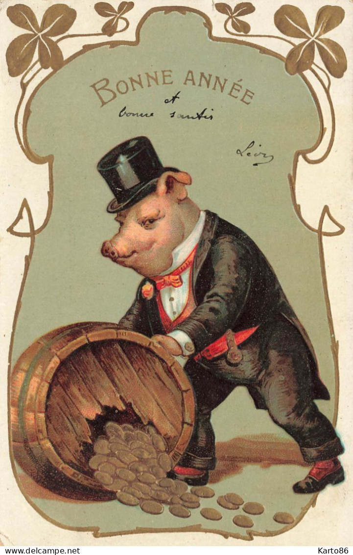 Cochon Humanisé * CPA Illustrateur Gaufrée Embossed 1905 * Tonneau Pièces D'or Porte Bonheur Chance Trèfle Pig - Cerdos