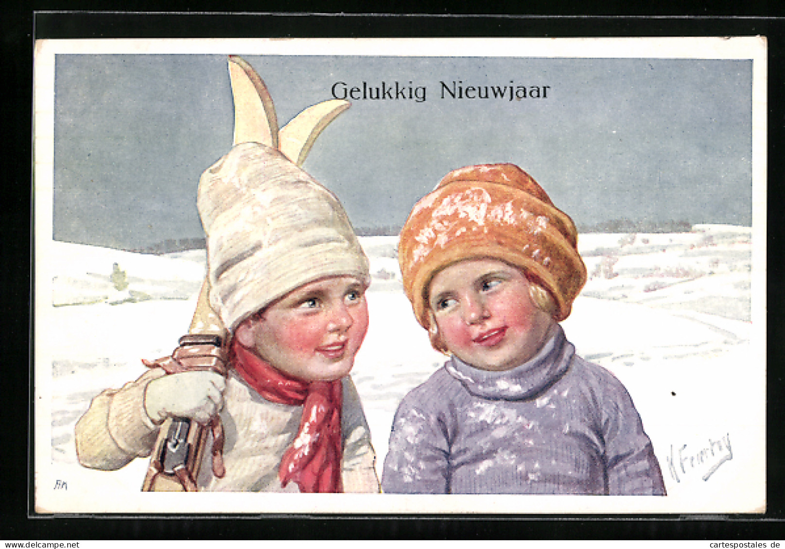 Künstler-AK Karl Feiertag: Kinderpaar Mit Skiern Im Schnee, Neujahrsgruss  - Feiertag, Karl