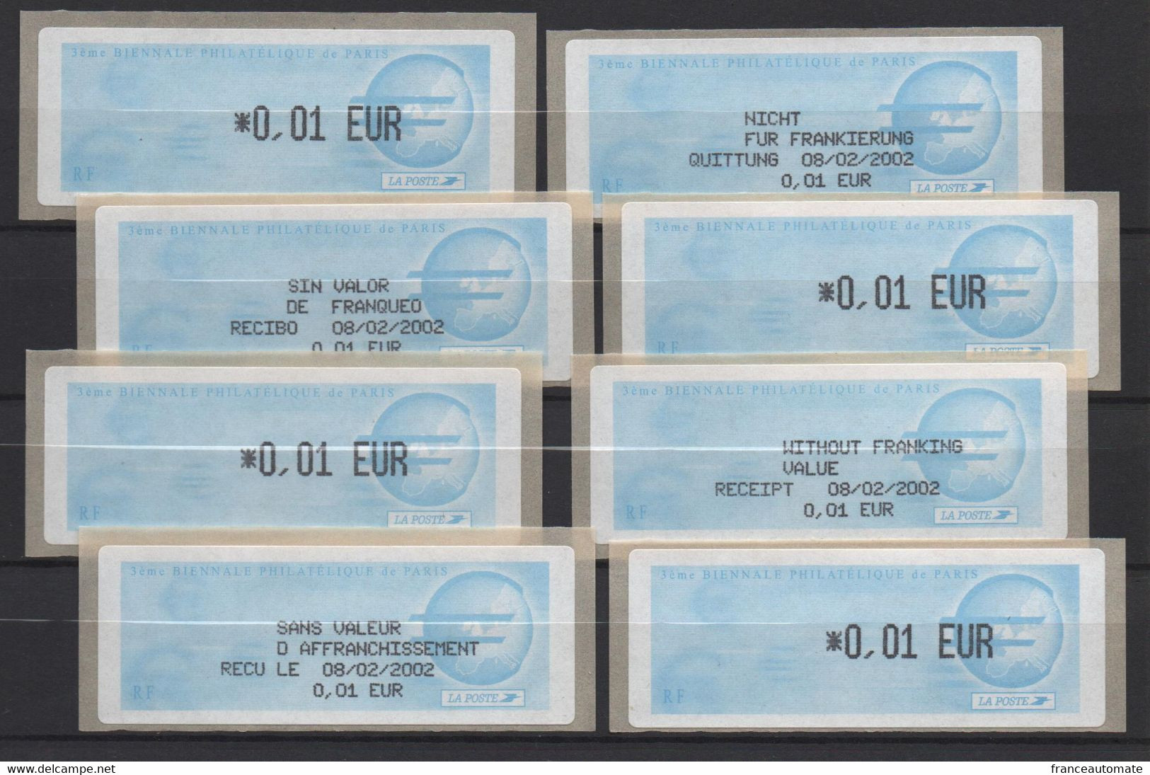 L'EURO, 8 ATMs, LISA1, 0.01€ Et LES 4 RECUS EN 4 LANGUES. 08/02/2002, 3ème BIENALE PHILATELIQUE. PARIS. - 1999-2009 Geïllustreerde Frankeervignetten