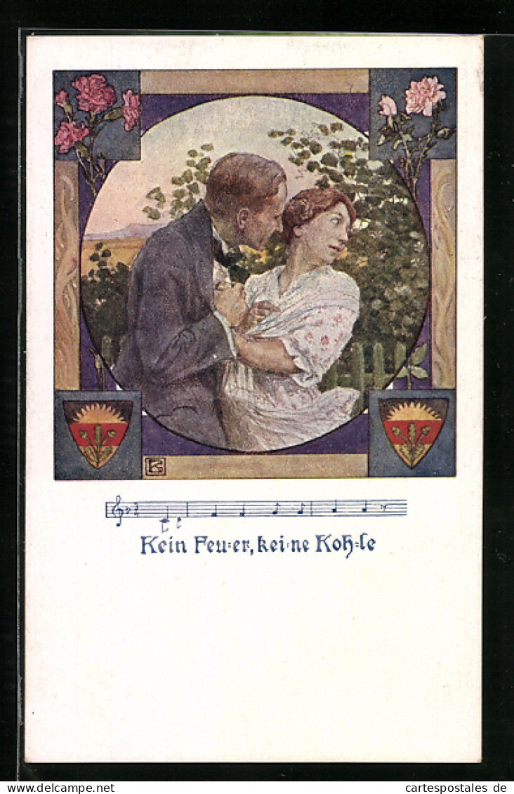 AK Deutscher Schulverein Nr.1236: Liebespaar Im Garten, Liedzeile Kein Feuer, Keine Kohle  - Weltkrieg 1914-18