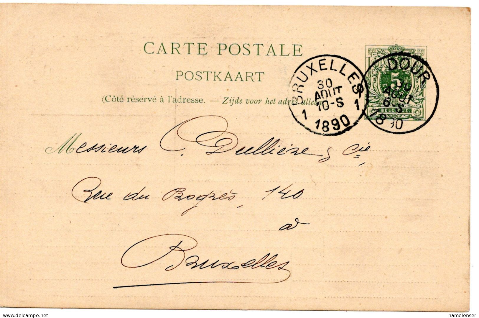 77489 - Belgien - 1890 - 5c Ziffer GAKte DOUR -> BRUXELLES - 1893-1900 Fine Barbe