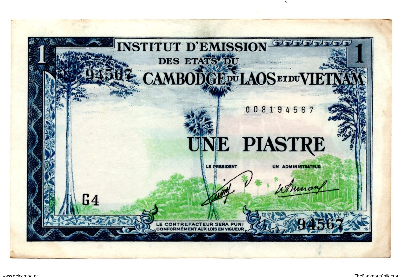 French Indochina 1 Piastre ND 1954 P-100 LAOS AUNC Foxing - Andere - Azië