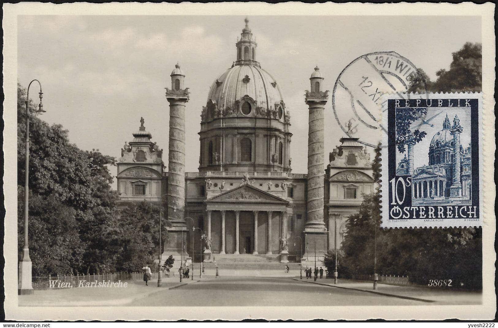 Autriche 1947 Y&T PA 53 Sur Carte Maximum. Karlskirche, église Saint Charles à Vienne - Eglises Et Cathédrales