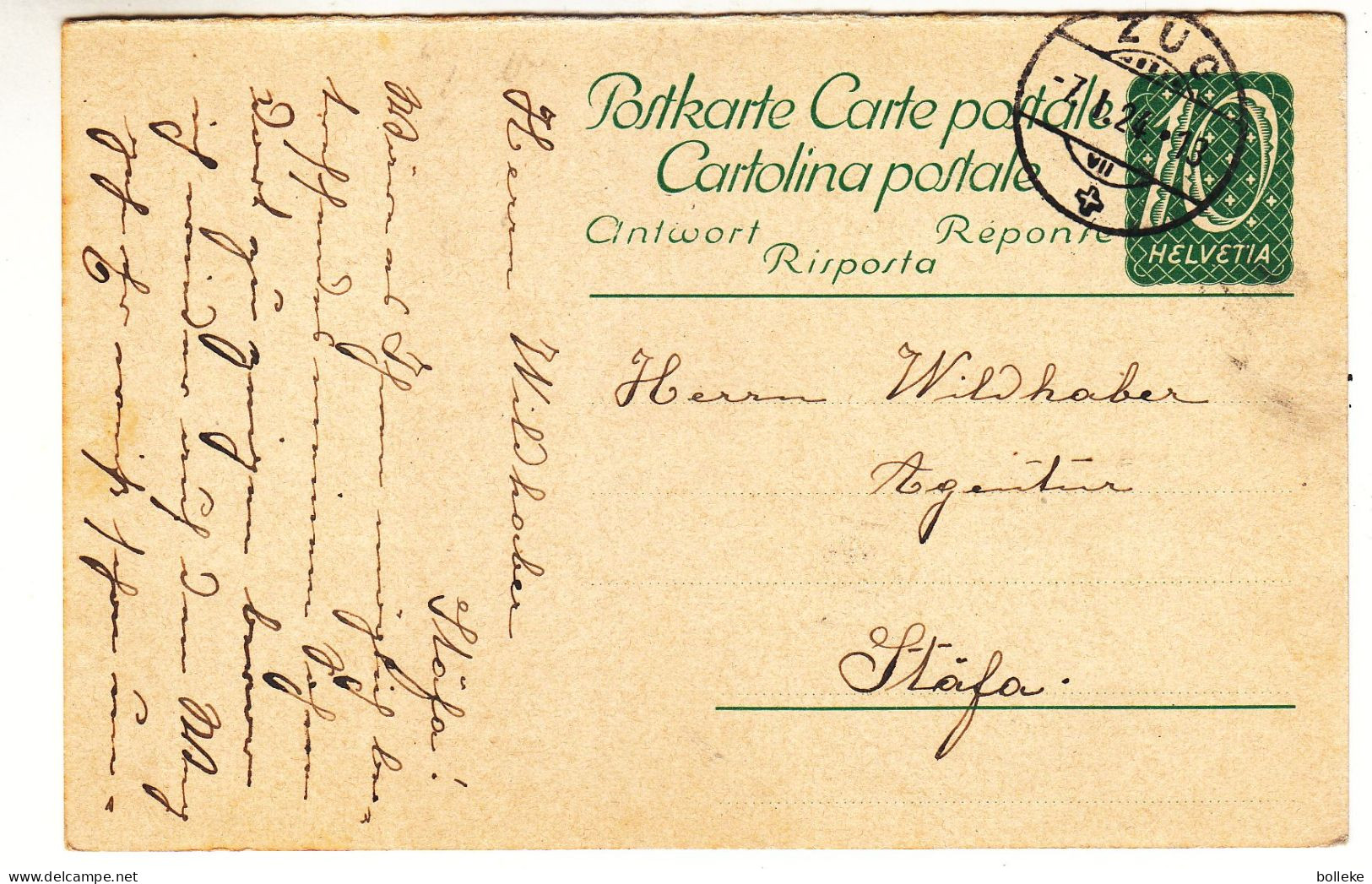 Suisse - Carte Postale De 1924 - Entier Postal - Oblit Zug - Exp Vers Stäfa - - Covers & Documents