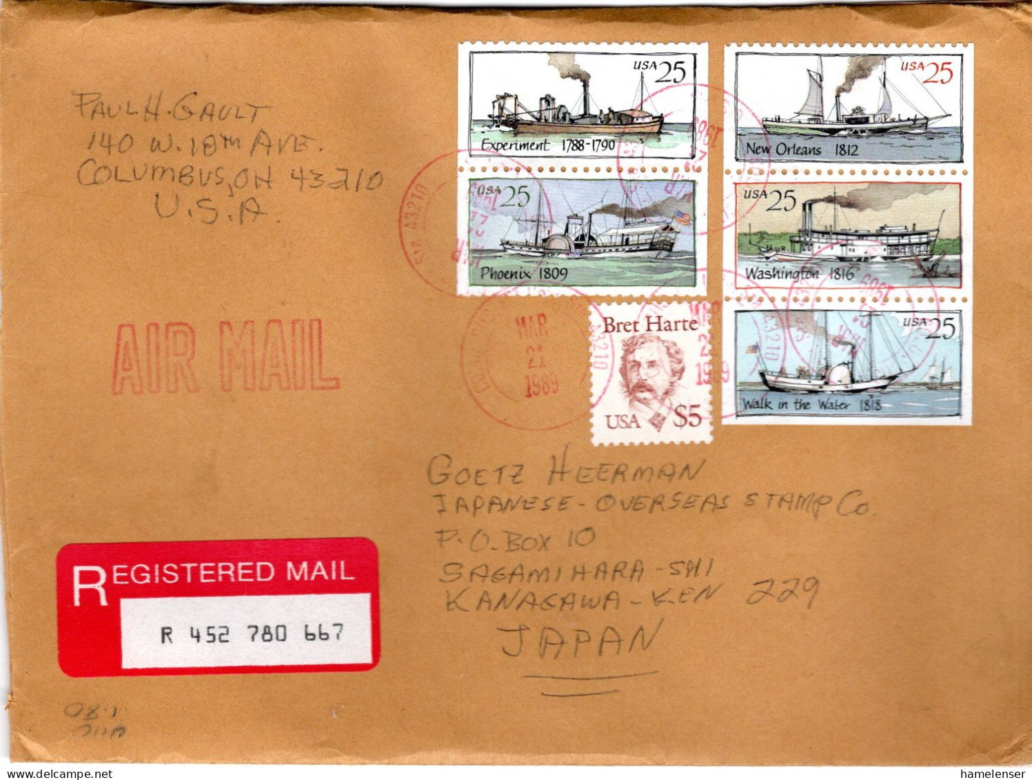 77493 - USA - 1989 - $5 Harte MiF A R-LpBf COLUMBUS, OH -> Japan - Storia Postale