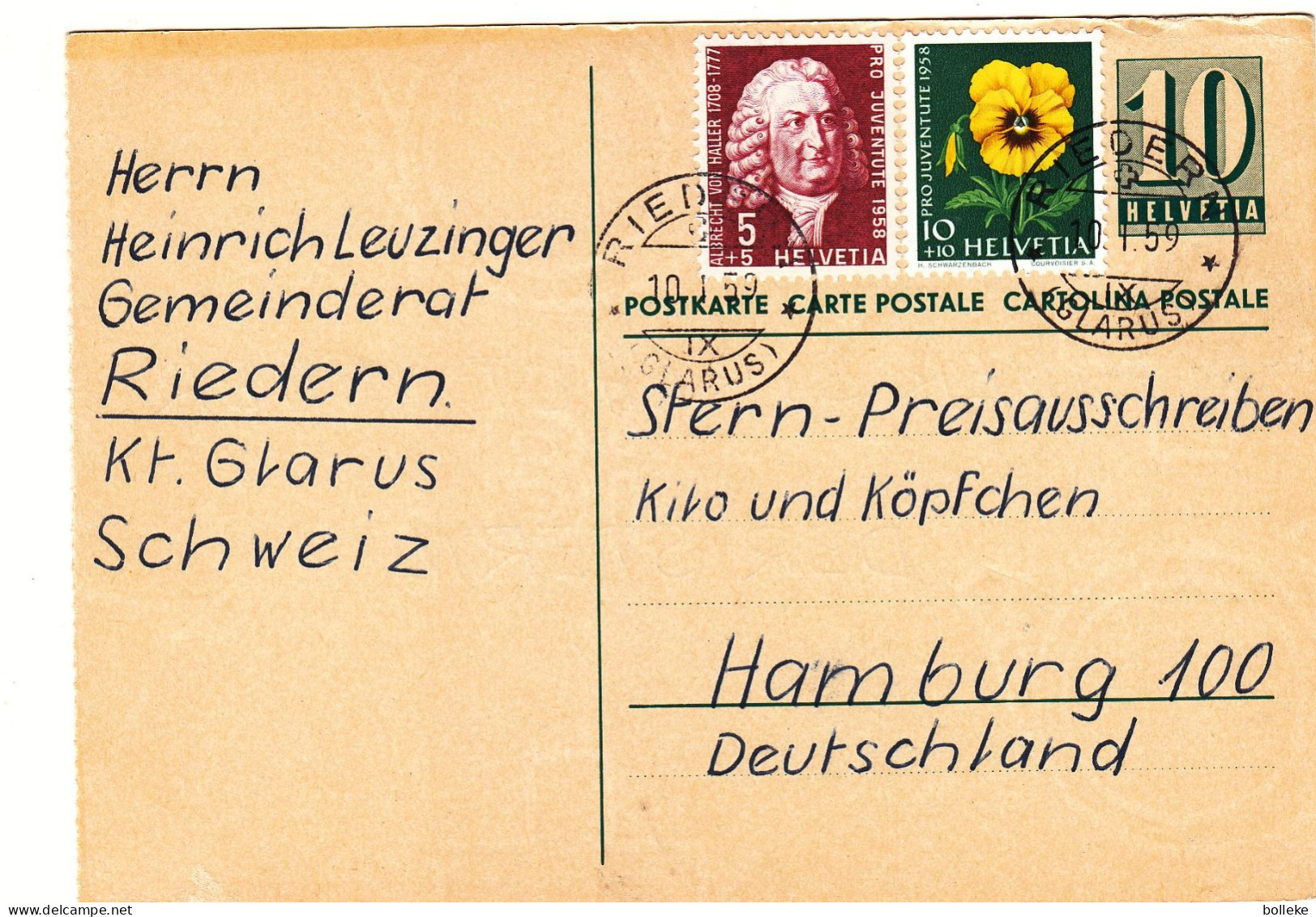 Suisse - Carte Postale De 1959 - Entier Postal - Oblit Riedern - Fleurs - Pro Juventute - - Storia Postale