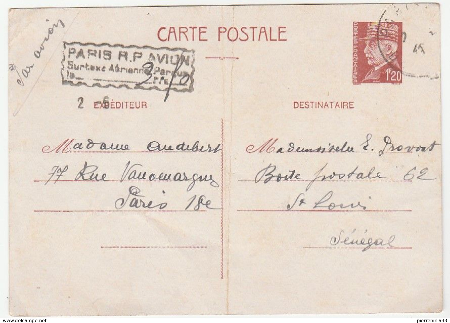 Carte Entier Postal Type Pétain Avec Cachet "Paris RP Avion Surtaxe Perçue ...." Paris Pour Sénégal - Cartes Postales Types Et TSC (avant 1995)