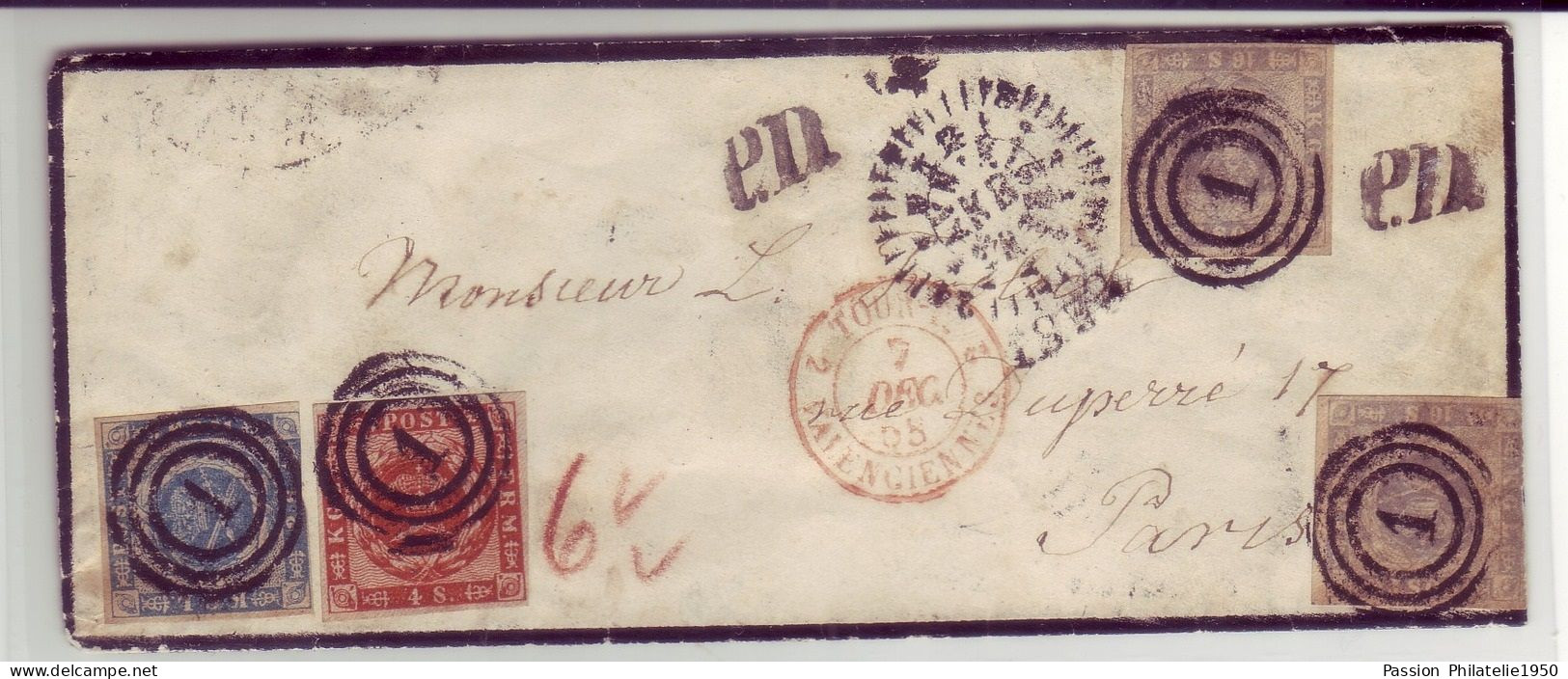 Denmark - 1855 3 Color Cover To France With 2sk-4sk-16sk Franking Scarce - Cartas & Documentos